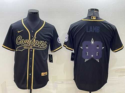 Men%27s Dallas Cowboys #88 CeeDee Lamb Black Gold Team Big Logo With Patch Cool Base Stitched Baseball Jersey
